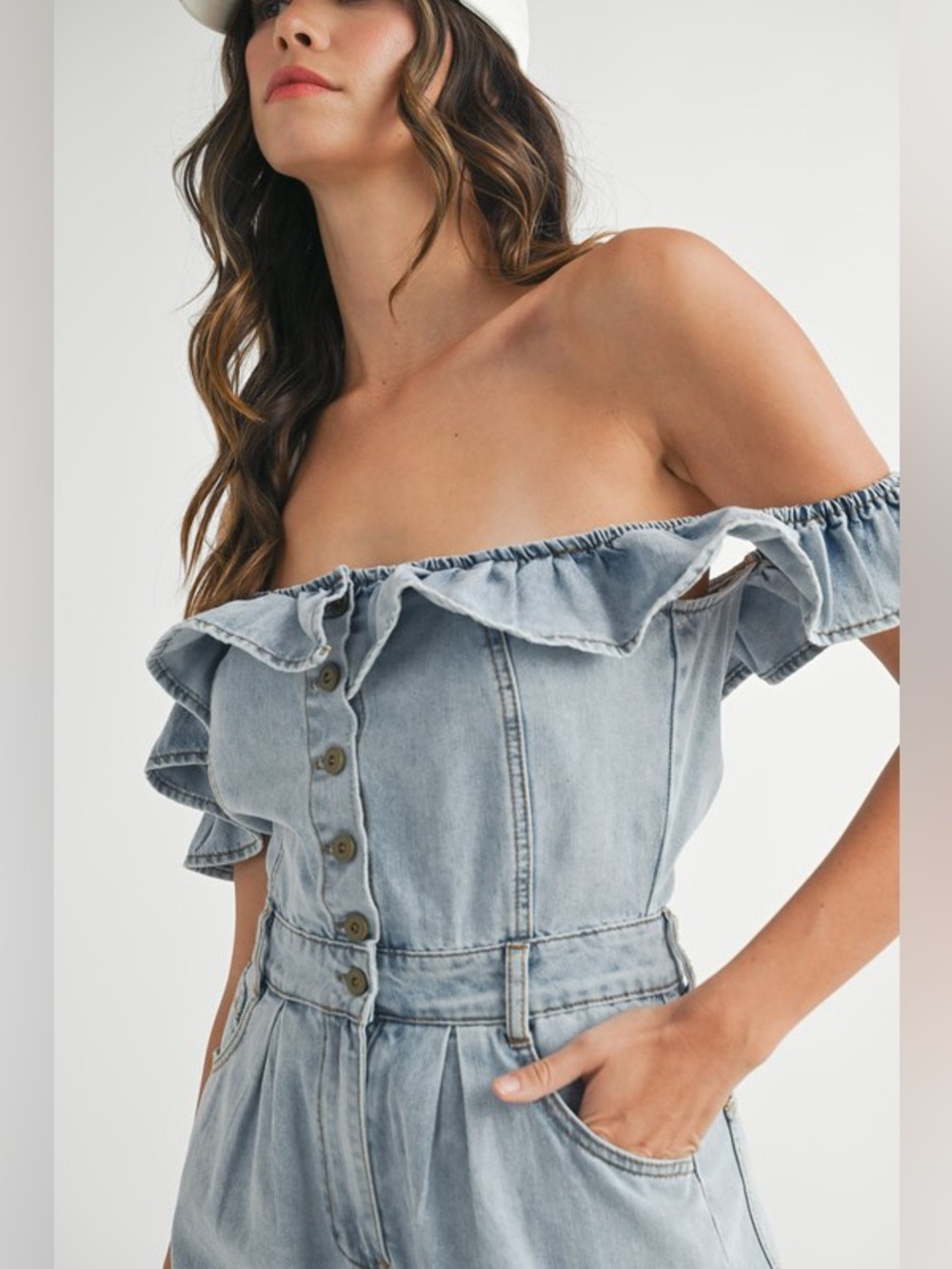 MABLE Off Shoulder Ruffle Detail Denim Romper - Picture 13 of 14